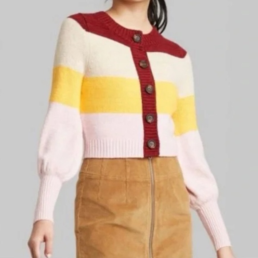 Colorblock Button-Up Sweater - Red, Yellow, Pink